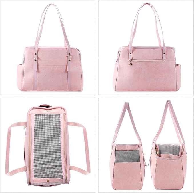 Dog Carrier Purse, Fashion Leather Pet Carrier with Pockets, Airline Approved Soft Sided Dog Carrying Bag for Puppy Cat Dog Pink