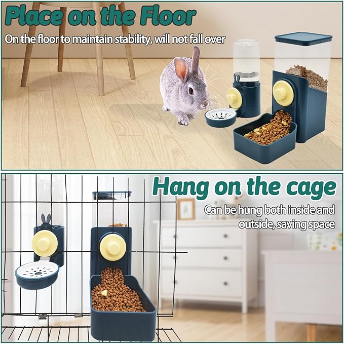 kathson Hanging Automatic Rabbit Pet Food and Water Dispenser, Auto Gravity Bunny Feeders for Cages, Detachable Self-Feeding Feeder and Waterer Set for Ferrets Chinchilla Hedgehog (Dark Blue)