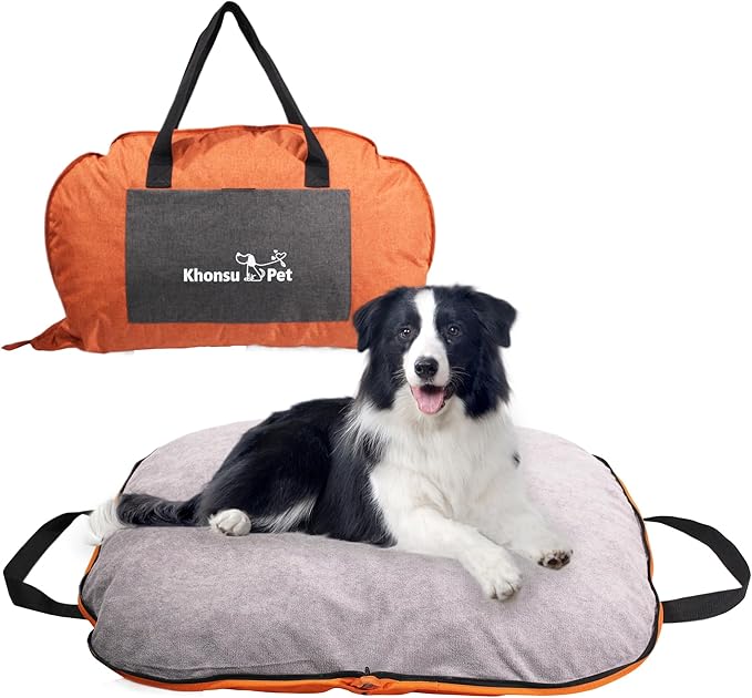 Portable Waterproof Dog Mat for Camping, Patio & Travel - Foldable Outdoor Dog Bed with Teflon Shell & Removable Plush Pad - Easy Clean, Durable - L (Bright Orange)