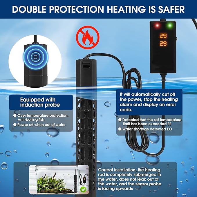 1000w Aquarium Heater, Submersible Fish Tank Heater,Intelligent Frequency Conversion with Over-Temperature Protection and Automatic Power-Off When Leaving Water for