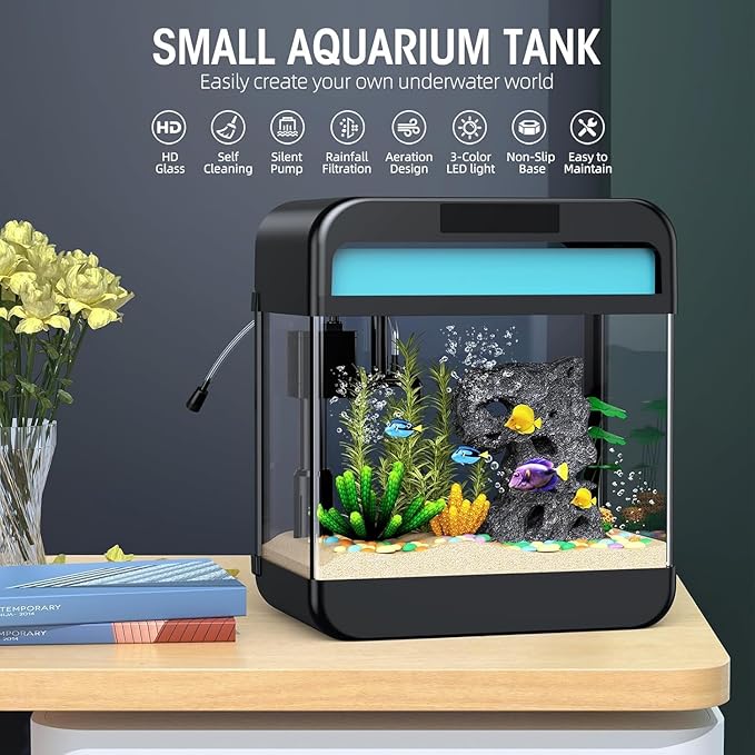 Fish Tank Aquarium 2.2 Gallon with Adjustable 3 Colors Lighting 3 in 1 Pump with Filteration, Oxygenation, Water Circulation Triple Function, HD Float Glass, Leak-Proof Thickened Base