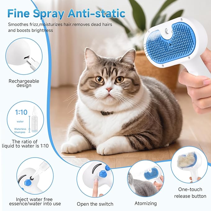 Pet Steam Brush for Dog & Cat - 3-in-1 Steam Grooming Brush for Shedding & Hair Removal - Self Cleaning Spray Comb with Mist for Long Haired Pets, Blue