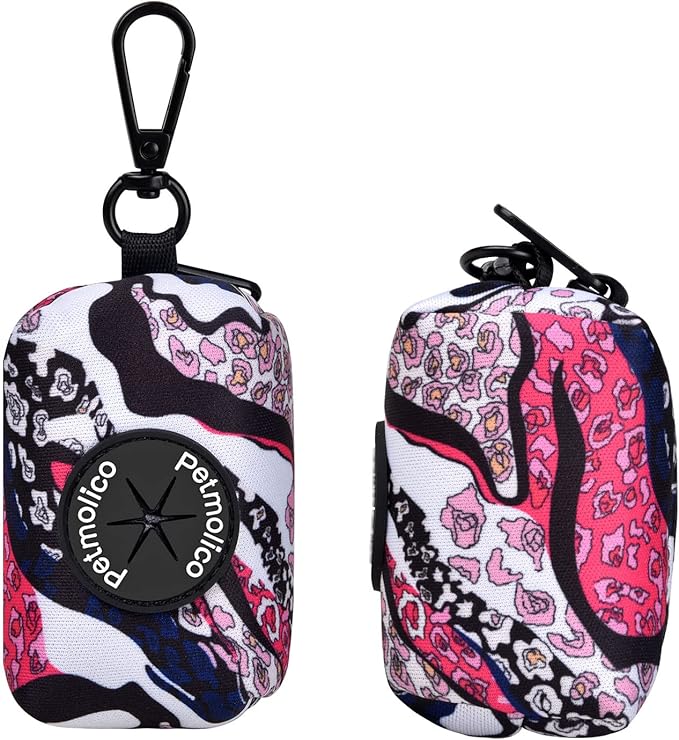 Petmolico Dog Poop Bag Holder Leash Attachment, Dog Waste Bag Dispenser Zippered Pouch, Fits Any Leash, Includes Free Roll of Poop Bags Dispenser - 2 Pack, Colorful Leopard