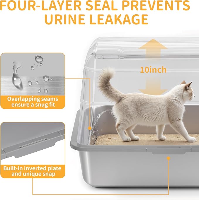 Stainless Steel Litter Box with Lid, XL Extra Large Cat Litter Box, Enclosed Metal Litter Pan with High Sided Enclosure & Scoop, Anti Leakage, Easy to Clean, Odor Control(Grey)