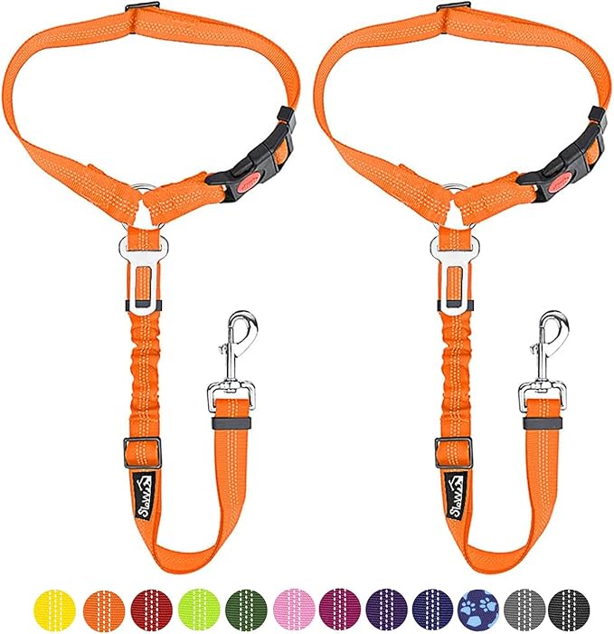 SlowTon Dog Seat Belt for Car, 2 Pack Dog Car Harness Seatbelt Adjustable with Elastic Bungee Buffer, 2 in 1 Pet Car Leash Headrest Restraint Dog Reflective Safety Tether (Orange, Headrest+Clip)