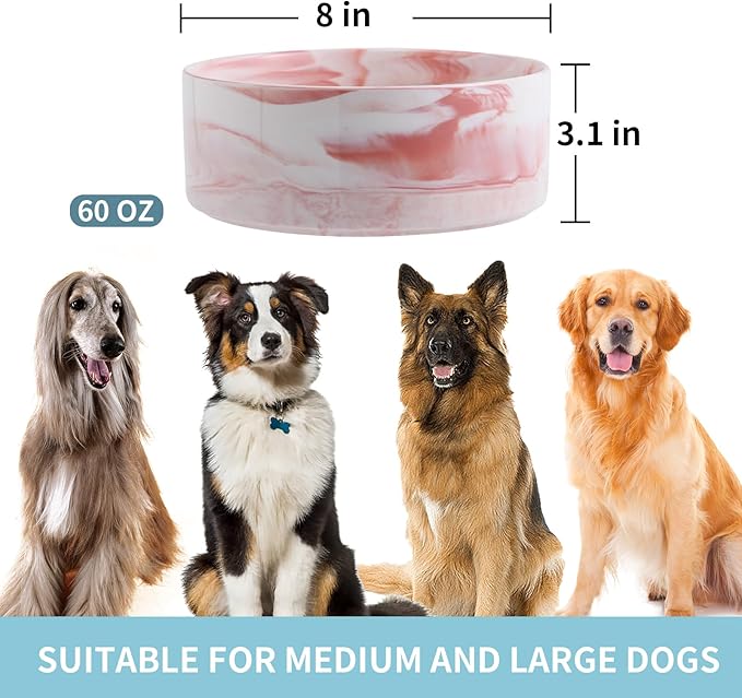 Dog Bowl Ceramic for Medium Large Breed, Heavy Weighted Dog Food Water Feeder Dish,8 in Non - Slip Modern Cute Extra Big Porcelain Pet Bowl Maze Marble Pink