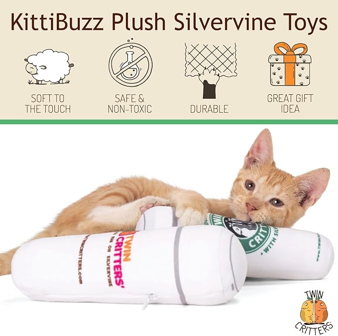 KittiBuzz 2-Pack Organic Silvervine Catnip Substitute Toys for Cats & Kittens | 100% All-Natural Wild Harvested Silvervine | 2 Refillable Coffe Cup Kicker Cat Toys
