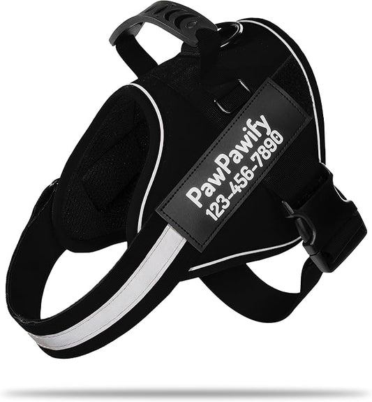 PawPawify Custom No Pull Dog Harness with Name and Phone Number, Heavy Duty Personalized Pet Vest to Prevent Tugging, Pulling, or Choking, Training and Walking (New Black, XL (60-85 LBS))