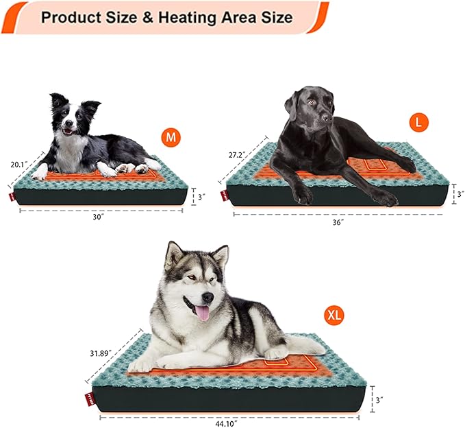 Heated Dog Bed with12V～24V Safe Voltage, Electric Heating Arthritis Orthopedic Dog Bed with Thickened Memory Foam, Heated Pet Bed with Waterproof Cover for Medium Dogs, Large Dogs (Large)