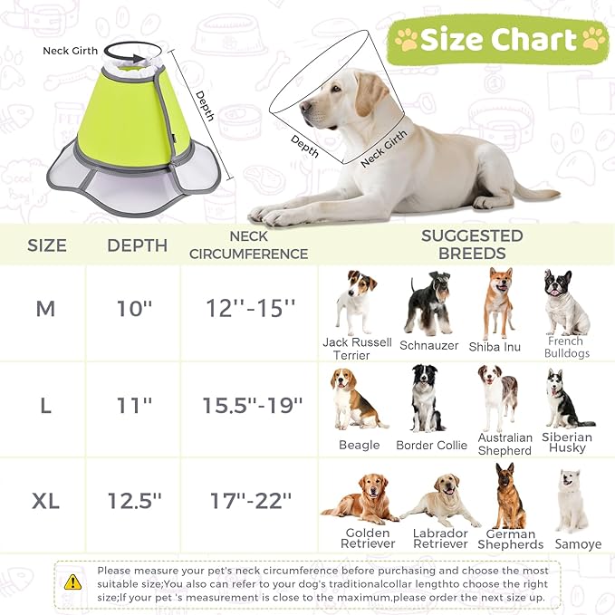 Soft Dog Cone Collar After Surgery Recovery,Adjustable E-Collar with Removable Shield,Lightweight,Breathable Anti-Licking Protective Cone for Large,Medium,Small Pets (Neon Green, XL (Neck:17''-22''))