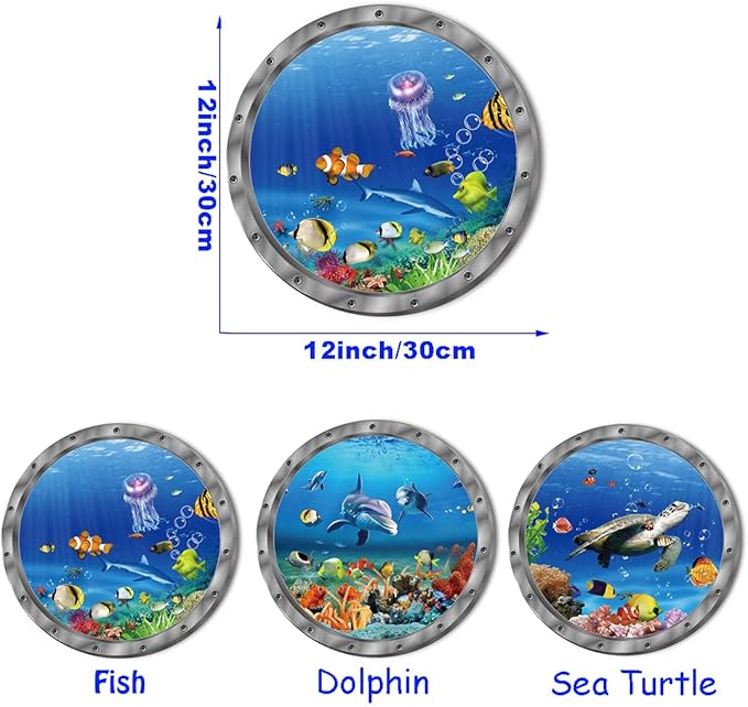 Ocean Animals World Under Sea Decor Includ Sea Turtles Dolphins Fishes 3 Pcs Removable 3D Peel and Stick Vinyl Stickers for Bathroom,Wall Decor,Wall Stickers,Bedroom,Furniture
