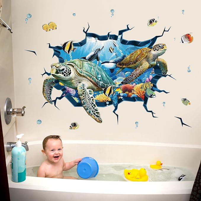 decalmile 3D Under The Sea Turtle Wall Decals Underwater Ocean Fish Broken Wall Stickers Kids Bedroom Living Room Bathroom Wall Decor