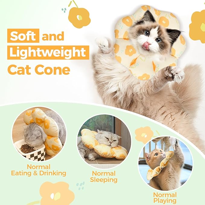 ComSaf Cat Cone Collar Soft - Cat Cones to Stop Licking e Collar for Cats After Surgery, Elizabethan Collar for Kitten Recovery, Comfortable Soft e Collar Cone for Small Cats, Yellow Flowers, S