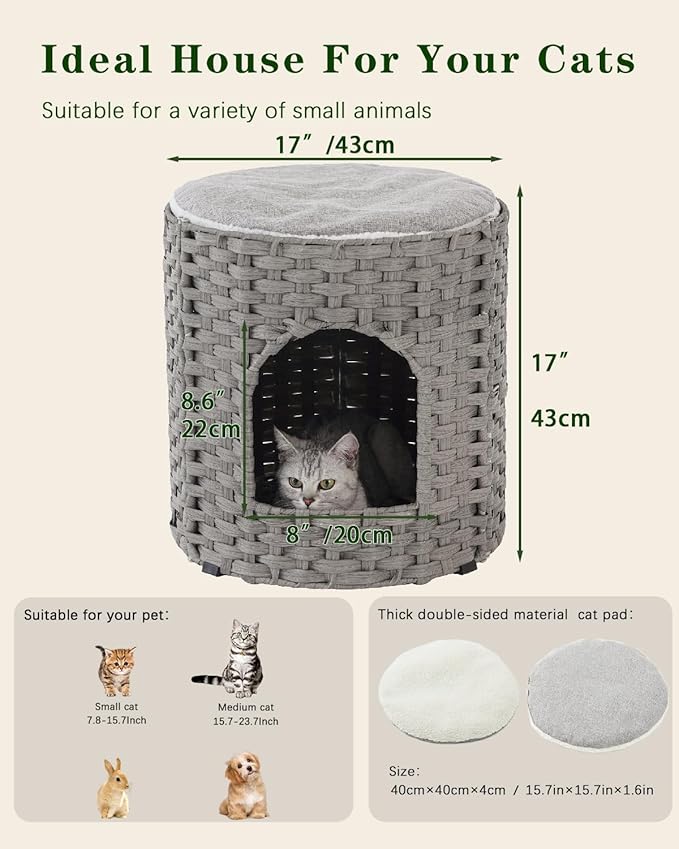 Cat House for Indoor Cat, Large Double Cat Houses Cat Bed Cave, Handwoven Rattan Pet Beds with One Soft Pad, 17 x 17 x 17 Inches Foldable Kitten Hideaway in Living Room Gray