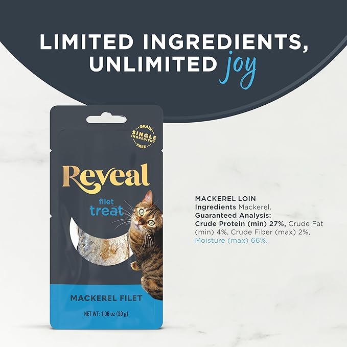 Reveal Natural Whole Protein Fillet Cat Treats, Single Ingredient, Grain Free, High Protein Treats for Cats, for Training, Treating, or Snacking, Whole Mackerel Loin (12 x 1.06 oz Loin)