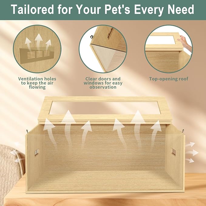 32" Hamster Habitat Enclosure, Top Opening Lockable Roof Door, Gerbil Dwarf Hamster Cage with Hygrometer, Chewproof Syrian Hamster Cage for Mice, Small Animal, (Wooden, 32" L x 16" W x 16" H)