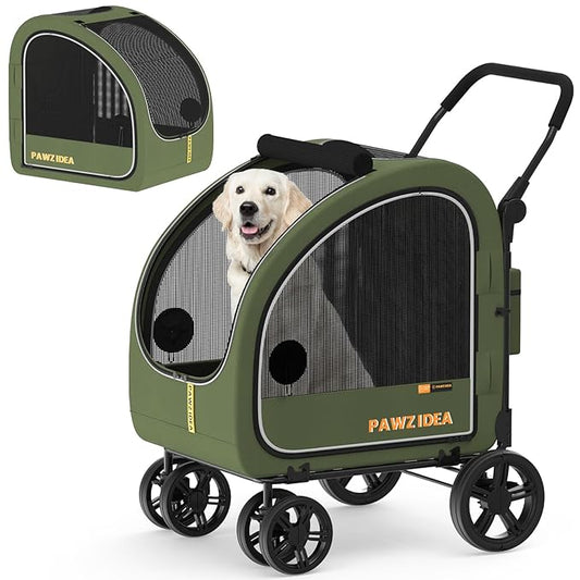 PAWZIDEA Dog Stroller for Large Dogs, Collapsible Pet Stroller with Detachable Carrier, Portable Dog Crate for Car Seat, Adjustable Handle, All-Terrain 9” Wheels, Ideal for Travel & Outdoor Adventures