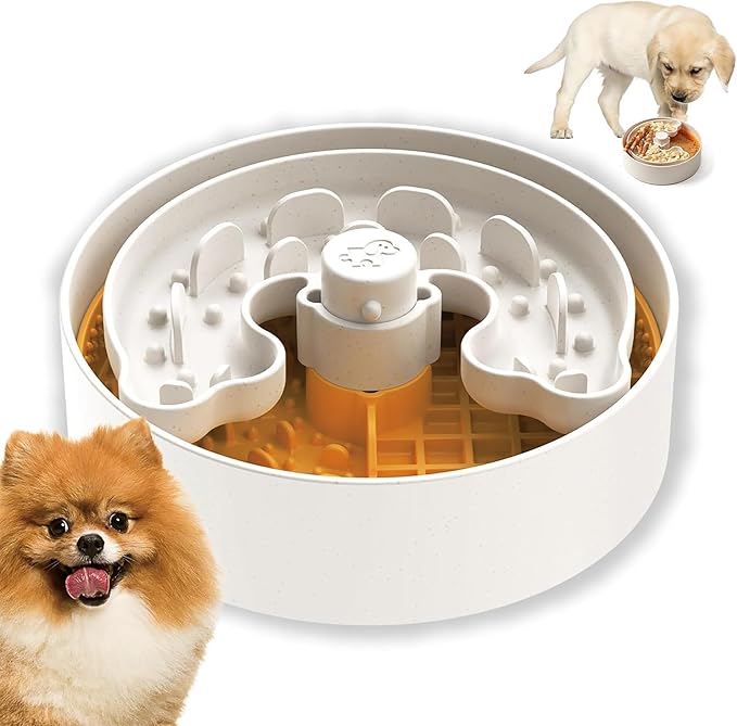 Slow Feeder Dog Bowl with Lick Mat and Puzzle Inserts - Non-Slip Base, Adjustable Speed Design, Dishwasher Safe for Puppies, Orange