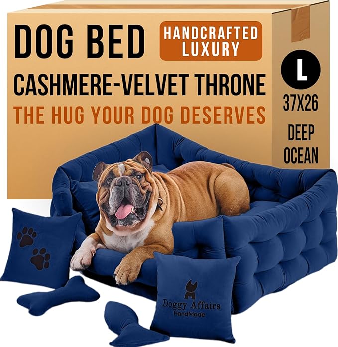 Luxury Dog Bed Chesterfield – Handcrafted Velvet Throne for Dogs | Joint Support, Calming & Temp-Regulating Comfort | Durable 5+ Years, Anti-Claw, Washable 100+ Times – L, Blue