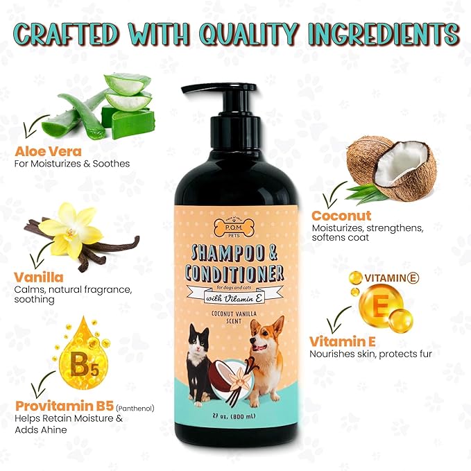 POM Pets 2-in-1 Organic Dog Shampoo & Conditioner – Itchy Skin Relief, Dog Deshedding, Detangles Fur, Cat Shampoo, Paw Cleaner for Dogs, Natural Coat Defense Formula