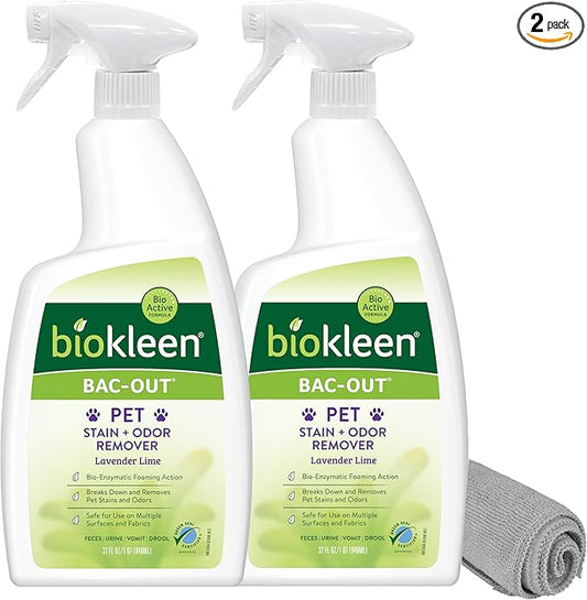Biokleen Bac-Out Pet Urine Odor Eliminator - 32 Ounce Spray 2 Pack - Enzymatic, Natural, Destroys Stains & Odors Safely, for Pet Stains on Carpets & Furniture - Micro Towel Included