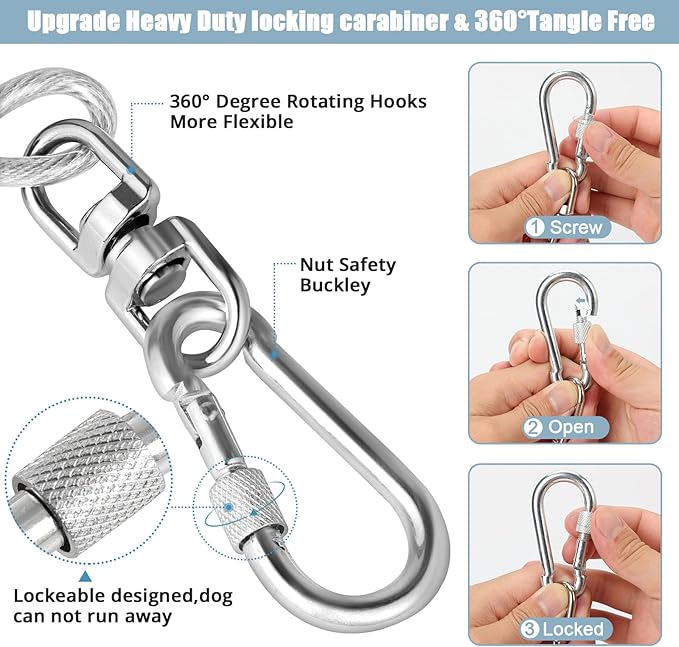 Jenico Dog Tie Out Cable, 10-150FT Runner Cable with Swivel Hook and Shock Spring, Yard and Camping Dog Leash Tether for Small to Medium Pets Up to 500 LBS