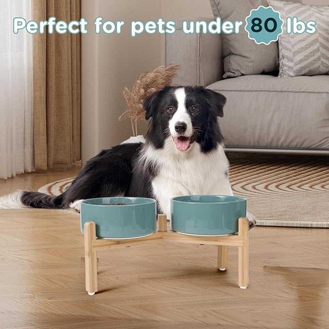 SPUNKYJUNKY Elevated Dog Bowls Ceramic, 7.3'' Dogs Food Water Bowls Raised with Non-Slip Bamboo Stand for Medium to Large Sized Breed Microwave Dishwasher Safe - 42 OZ,Dark Green