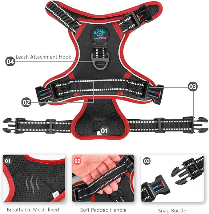 PHOEPET 2019 Upgraded No Pull Dog Harness, Reflective Adjustable Vest, with a Training Handle + 2 Metal Leash Hooks+ 3 Snap Buckles +4 Slide Buckles(S, Black)