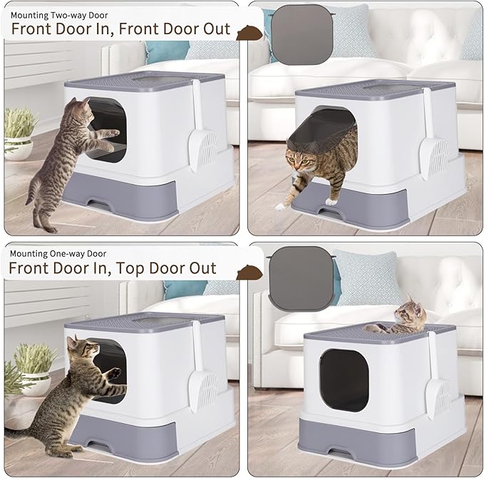 RIZZARI Large Enclosed Cat Litter Box : Covered Leak-Proof Reduces Odor - for Indoor Use Cat Owners (White)