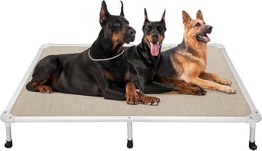 Veehoo Chew Proof Elevated Dog Bed - Cooling Raised Pet Cot - Silver Aluminum Frame and Durable Textilene Mesh Fabric, Unique Designed No-Slip Feet for Indoor or Outdoor Use, Beige Coffee, XX Large