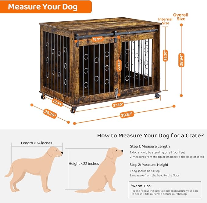 IchbinGo Dog Crate Furniture with Sliding Barn Door, 39" Wooden Dog Kennel End Table with Wheels and Flip-top Plate Dog House with Detachable Divider for Small/Medium/Large Dog (Rustic Brown)
