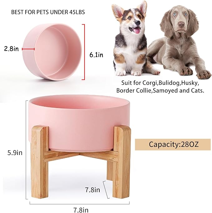 Petygooing 28 OZ Pink Elevated/Raised Ceramic Dog Bowl for Small and Medium Breeds, Dog Food Water Dish with Stand,Pet Feeding Bowl with Anti Slip Rubber for Cats Small and Medium Dogs (3.6 Cups)