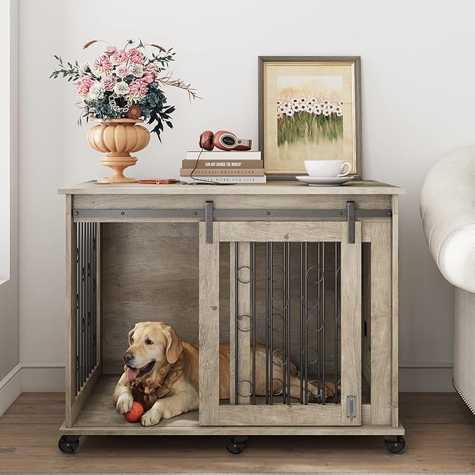 IchbinGo Large Dog Crate Furniture with Sliding Barn Door, 43.7" Wooden Dog Kennel End Table with Wheels and Flip-top Plate Dog House with Detachable Divider for Small/Medium/Large Dog (Rustic Grey)
