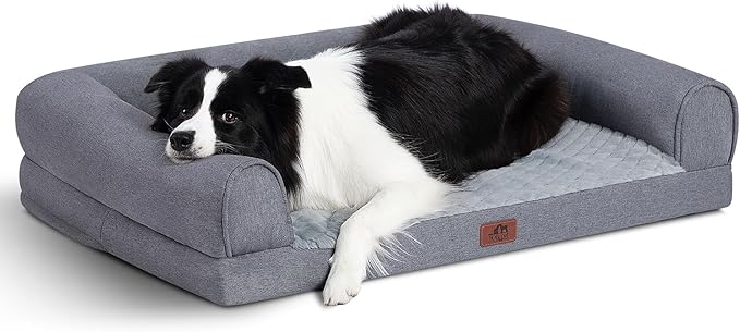 Hollypet Orthopedic Dog Bed for Large Dogs, Supportive Foam Pet Couch with Removable Washable Cover and Non-Slip Bottom, Waterproof Lining Dog Sofa Bed, Gray, L (36 * 26 * 8)