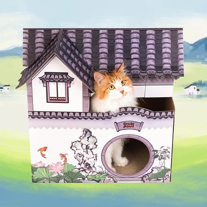 Cat Beds for Indoor Cats, Cardboard House with Scratchers, Tea House, Large Sturdy Cat Furniture Condo Cave Tent, Easy to Assemble Pet Toys Accessories Stuffs, Bunny Small Animals