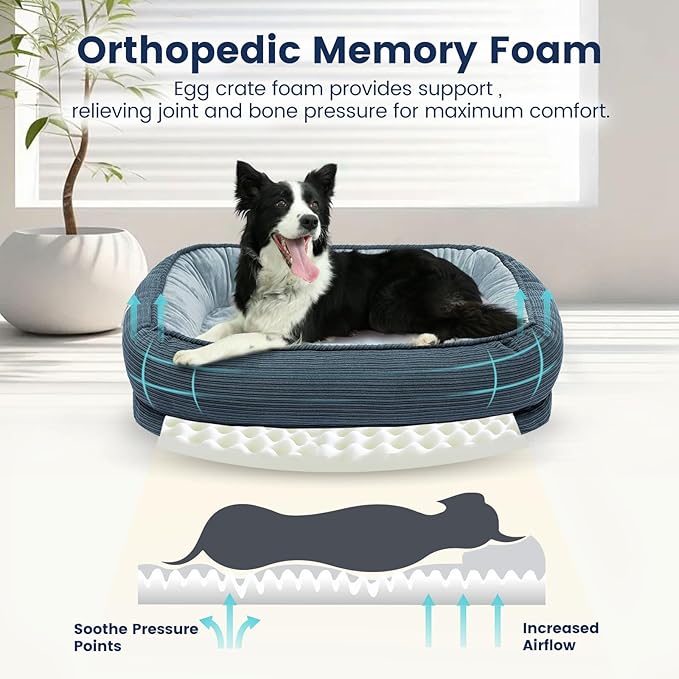Orthopedic Dog Bed for Medium Size Dog Washable Cover, Egg Crate Foam Bed for Senior Dogs,Oval Kennel Bed, Pet Couch Bed with Four Sided Bolster, Removable Washable Cover Non-Slip Bottom, Haze Blue
