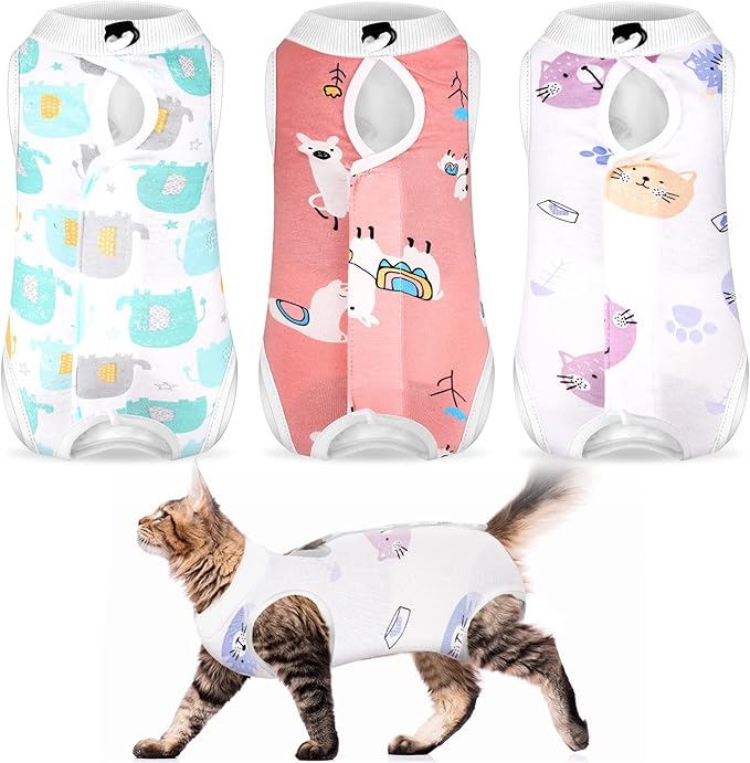 Nuanchu 3 Pieces Cat Recovery Suit Kitten Recovery Suit E-Collar Alternative for Cats and Dogs Abdominal Skin Anti Licking Pajama Clothes Sets(Cute Pattern,Small)