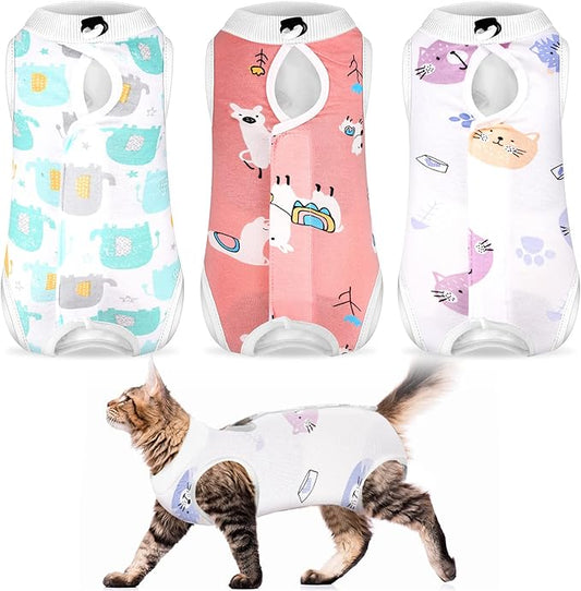 Nuanchu 3 Pieces Cat Recovery Suit Kitten Recovery Suit E-Collar Alternative for Cats and Dogs Abdominal Skin Anti Licking Pajama Clothes Sets(Cute Pattern,Small)