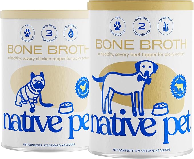 Native Pet, Dogs & Cat Broth Bundle | Chicken & Beef Flavored | Dog Food Topper for Picky Eater | Dog Gravy & Dog Bone Broth Powder