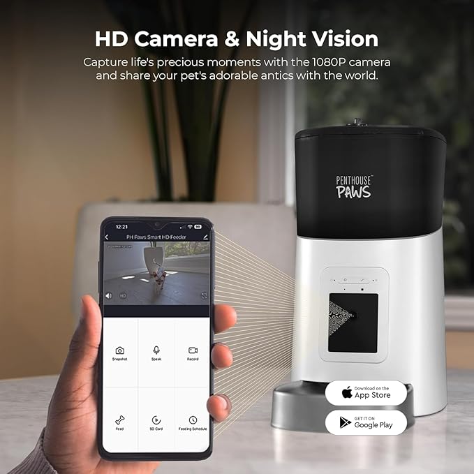 Smart HD Cat Feeder, 2 Way Audio + Voice Recording, Automatic Feeder for Dog with 1080p Night Vision Camera, WiFi App Controlled, Battery Backup, Anti Jam 6L Upto 15 Daily Meals, White Stainless