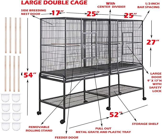 Large Double Center Divider Birdhouse Treehouse Bird Flight Parrot Breeder Cage Feeder Doors Side Breeding Nest Doors Easy Clean Pull Out Tray with Removable Rolling Stand