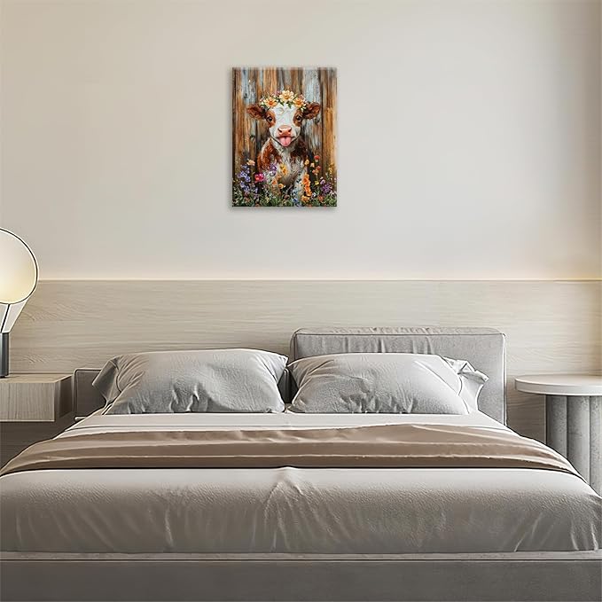 Funny Cow Bathroom Pictures Wall Art, Rustic Brown Cute Cow Bathroom Wall Decor, Farmhouse Floral Framed Painting Animal Flower Canvas Artwork for Bedroom Living Room Decorations 20"L x 16"W