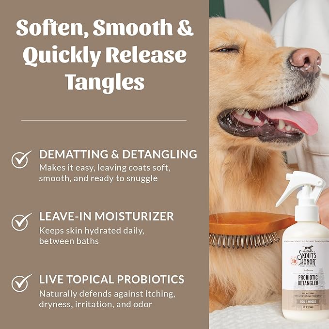 Skout's Honor Pet Detangler Spray - Hydrating & Conditioning with Avocado Oil & Probiotics, 97% Natural, Paraben & Sulfate-Free, softens for a More brushable Coat, Daily Use, 8oz, Dog of The Woods
