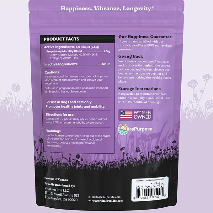 Vital Hip & Joint Supplement for Dogs and Cats - Dog Joint Supplement, Mobility Support, Inflammation Defense, Green Lipped Mussels, Krill, Collagen for Dogs, Veterinarian Developed, 30 Packets