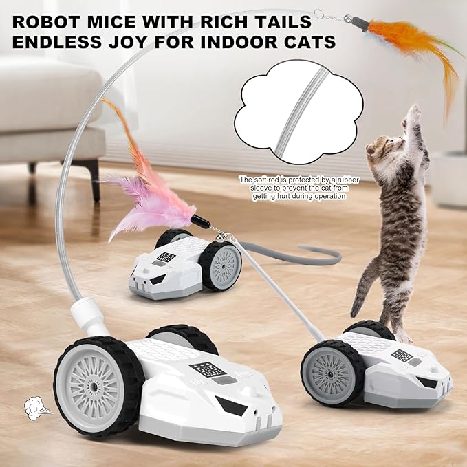 Interactive Cat Toys for Indoor Cats - Smart Moving Electric Mouse with Remote Control, Feather Tail, and Rechargeable Battery - Automatic Play for Bored Kittens & Adult Cats & Daily Exercise