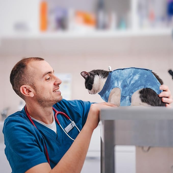 Cat Recovery Suit for Male and Female Surgical Post Surgery Soft Cone Onesie Tie Dye Cats Shirt Clothes Neuter Licking Protective Diapers Outfit Cover Kitten Spay Collar Alternative(Navy Blue, M)