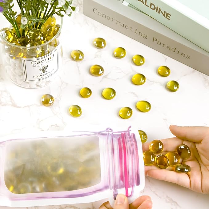 FUTUREPLUSX 1LB Yellow Glass Marbles, Flat Marbles Glass Beads Vase Fillers Decorative Rocks Gold Gemstones for Centerpieces Aquarium Table Scatter Home Decor