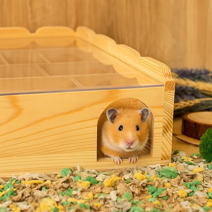ZENFUN Wooden Hamster Maze with Clear Acrylic Cover, Multi-Chamber Hamsters Hide Tunnel Cage, Hideout Tunnel Toy Shed and Explore Toy for Dwarf Hamsters Mice Small Gerbil（Free-Installation）