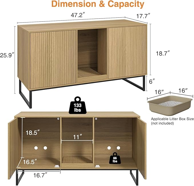 Litter Box Enclosure for 2 Cats, Fluted Hidden Cat Litter Box Furniture with Scratch Pad and Metal Legs, Modern Double Room Kitty House for Living Room, Washroom, 47.2”L x 17.7”W x 25.9”H, Natural