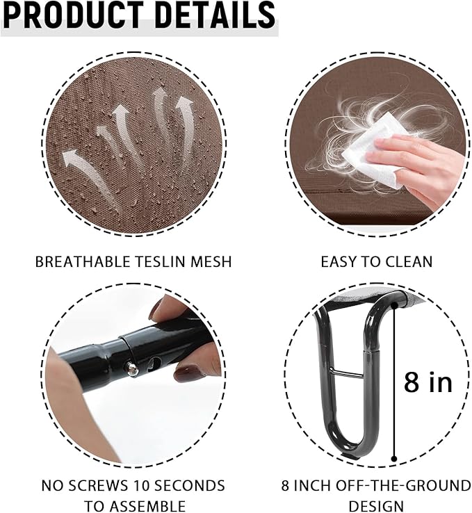 pettycare Elevated Outdoor Dog Bed - Cots Beds for Large Dogs XL, Waterproof Raised Cot Easy to Assemble, Cooling with Teslin Mesh, Durable, Non Slip, Up to 85 lbs, Brown